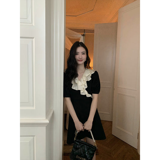 French ruffle dress slim lace-up black skirt