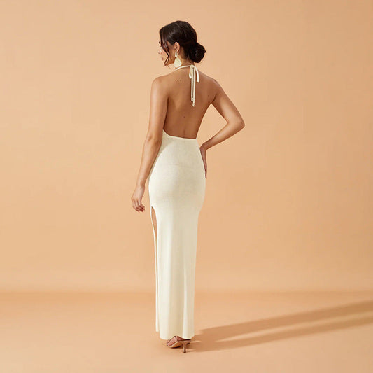 Knitted Hollow-Out Beach Cover-Up Maxi Dress | V-Neck Halter Swimsuit Cover