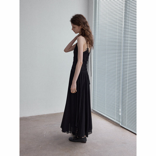 Asymmetric Pleated Chiffon Midi Dress | Adjustable Spaghetti Strap