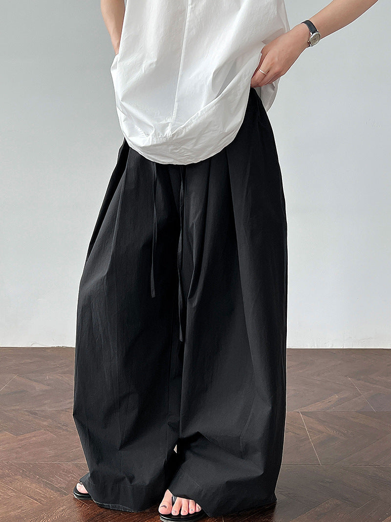 100 cotton high-waisted versatile lace-up straight-leg pants women's new summer thin casual wide-leg trousers