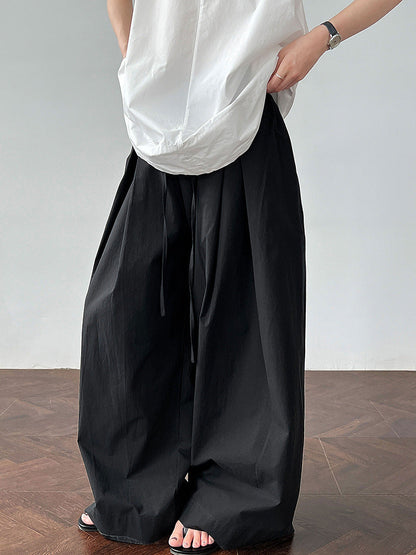 100 cotton high-waisted versatile lace-up straight-leg pants women's new summer thin casual wide-leg trousers