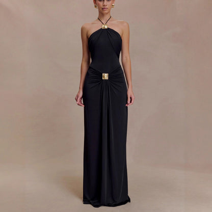 2026 neck sling long dress pleated slim backless holiday style sexy dress