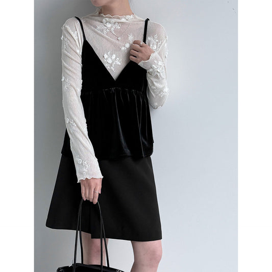 Korean temperament stacked high-end velvet sling vest spring v-neck meat-covering top