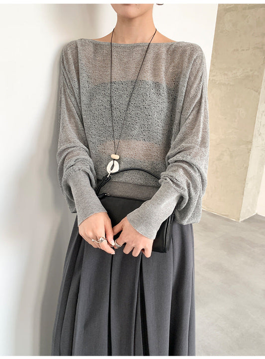 Spring and summer skin care thin one-word neck loose long-sleeved knitted blouse