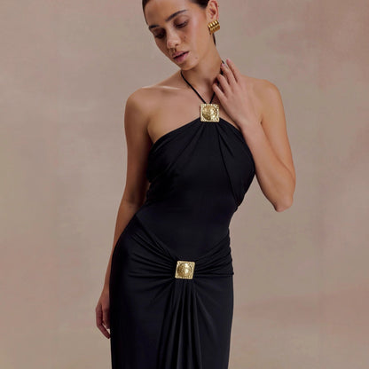 2026 neck sling long dress pleated slim backless holiday style sexy dress