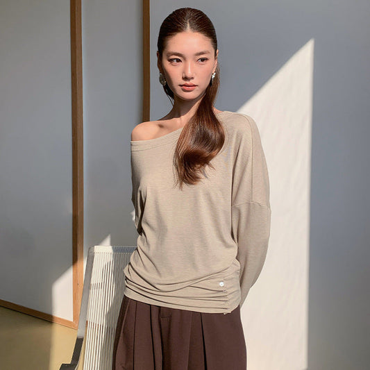 Tencel one-word collar waist long-sleeved knitted sweater spring minimalist style versatile net color T-shirt