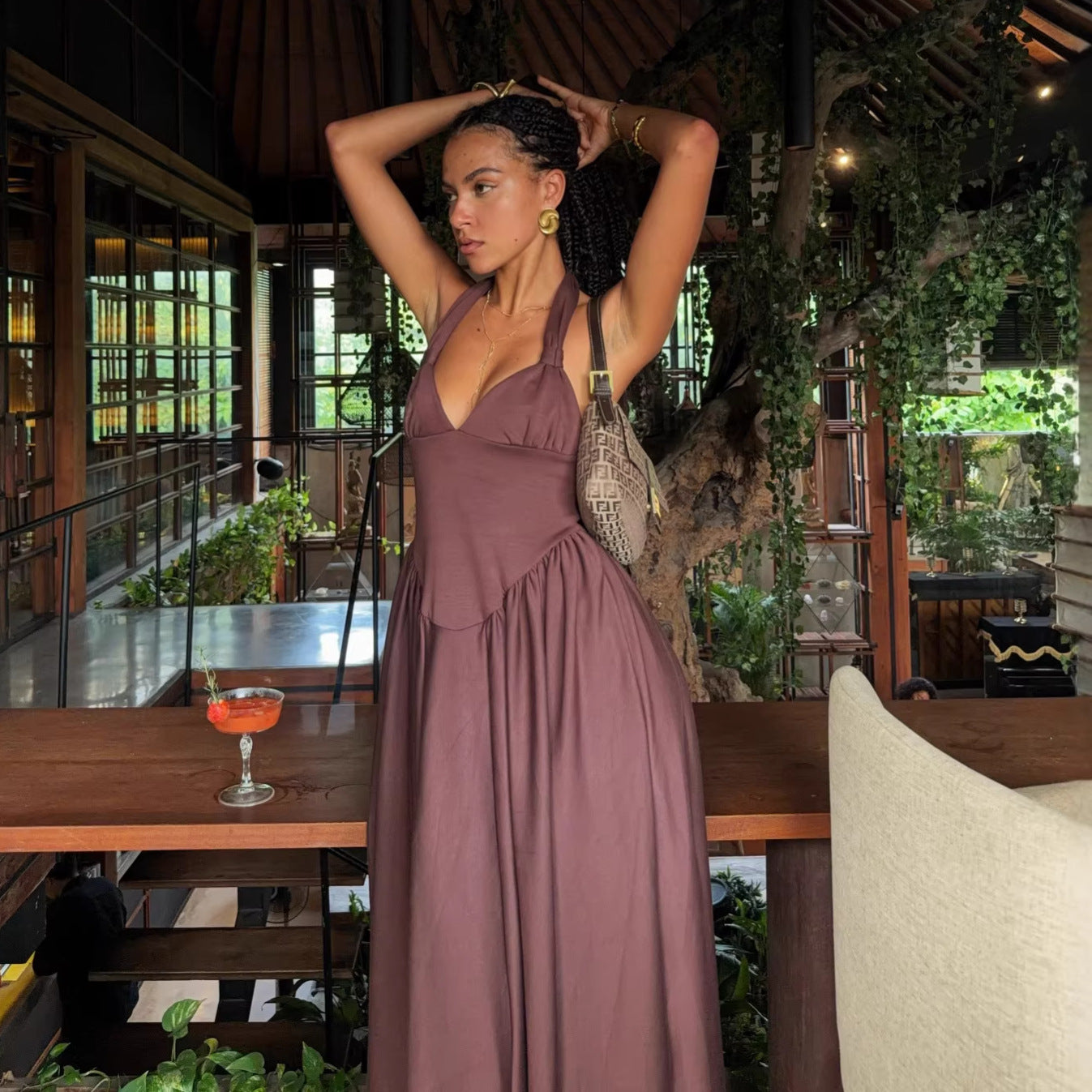 2026 resort style slip dress deep V sexy style fashion halterneck dress