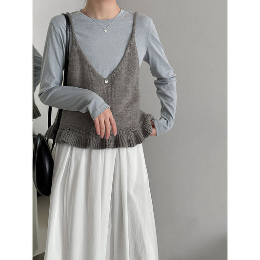 Gentle V-neck ruffle edge knitted vest women's 26 early spring new stacked wear versatile suspender top