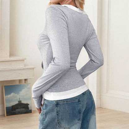 2026 AliExpress Foreign Trade Women's Autumn and Winter Korean Version Trendy T-Shirt Design Temperament Fake Two Long Sleeve Tops