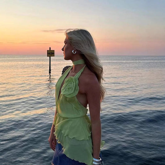 Women's Fashion Deep V Sexy Halter Flush Chiffon Top Spice Girl Suspender Cardigan T-Shirt Tank Top