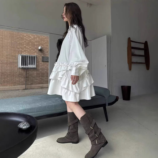 Spring and summer retro design fungus edge lantern sleeve shirt dress