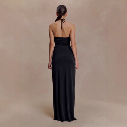2026 neck sling long dress pleated slim backless holiday style sexy dress