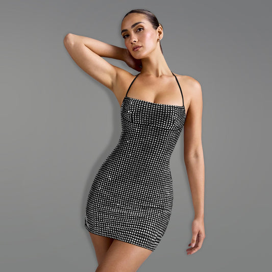 Rhinestone Halter Neck Bodycon Mini Dress | Sleeveless Party Dress