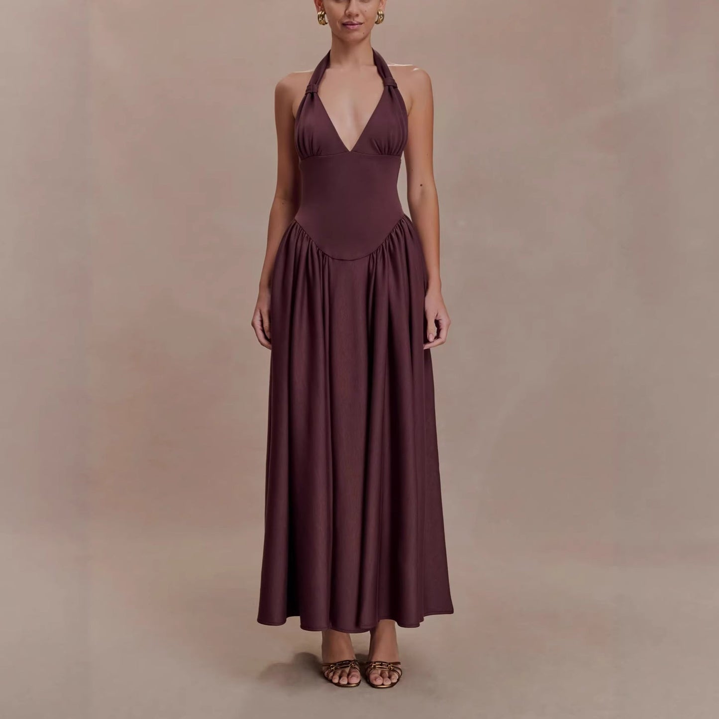 2026 resort style slip dress deep V sexy style fashion halterneck dress