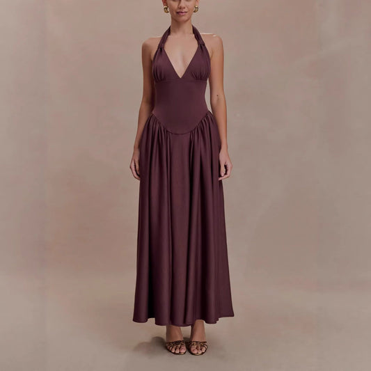 2026 resort style slip dress deep V sexy style fashion halterneck dress