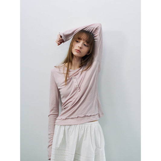 Spring new casual round neck simple basic versatile Tencel wool fake two-piece top