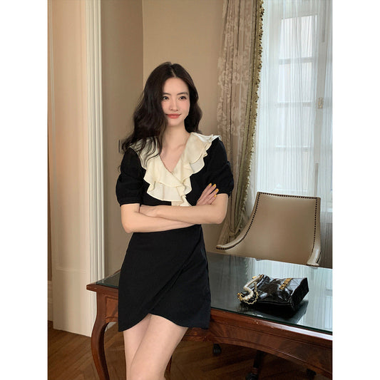 French ruffle dress slim lace-up black skirt