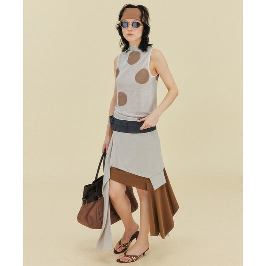 Polka Dot Linen Knitted Vest | Semi-Turtleneck Sleeveless Top