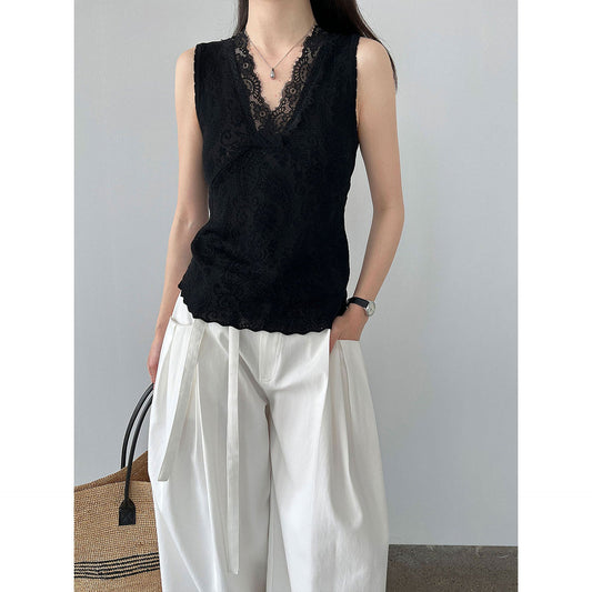 Tencel V-Neck Sleeveless Lace Bottom Vest