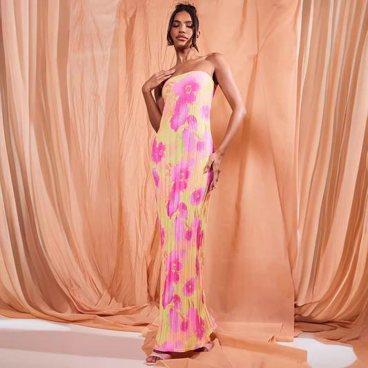 Pleated Strapless Maxi Dress | Bodycon Tube Top Off-Shoulder