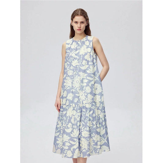 Summer new French niche design floral silhouette print streamer sleeveless dress