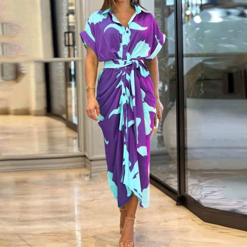 Lapel Collar High-Waist Maxi Dress | Printed & Solid Short Sleeve