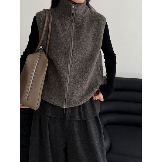 Korean wool stand-up collar stacked with loop wool vest jacket women's winter warm knitted sweater ss943