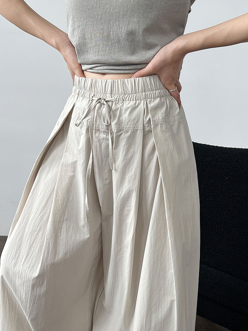 100 cotton high-waisted versatile lace-up straight-leg pants women's new summer thin casual wide-leg trousers