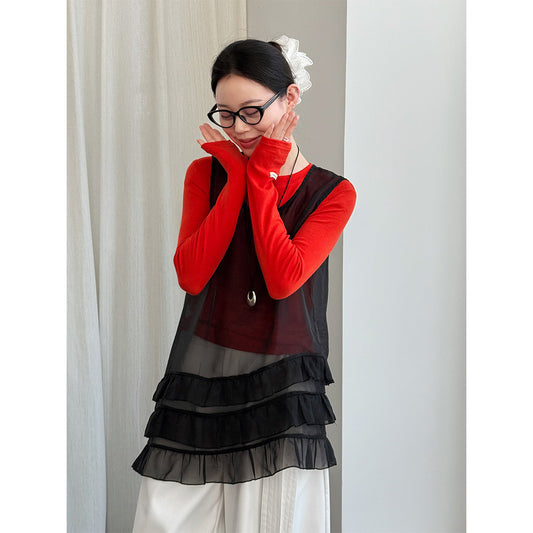 French gentle wind irregular ruffle edge sleeveless top women 26 early spring stack wear vest skirt