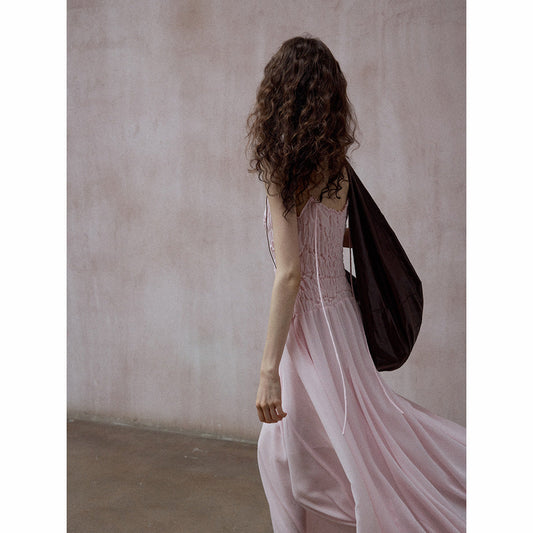 Asymmetric Pleated Chiffon Midi Dress | Adjustable Spaghetti Strap