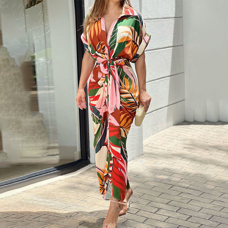 Lapel Collar High-Waist Maxi Dress | Printed & Solid Short Sleeve
