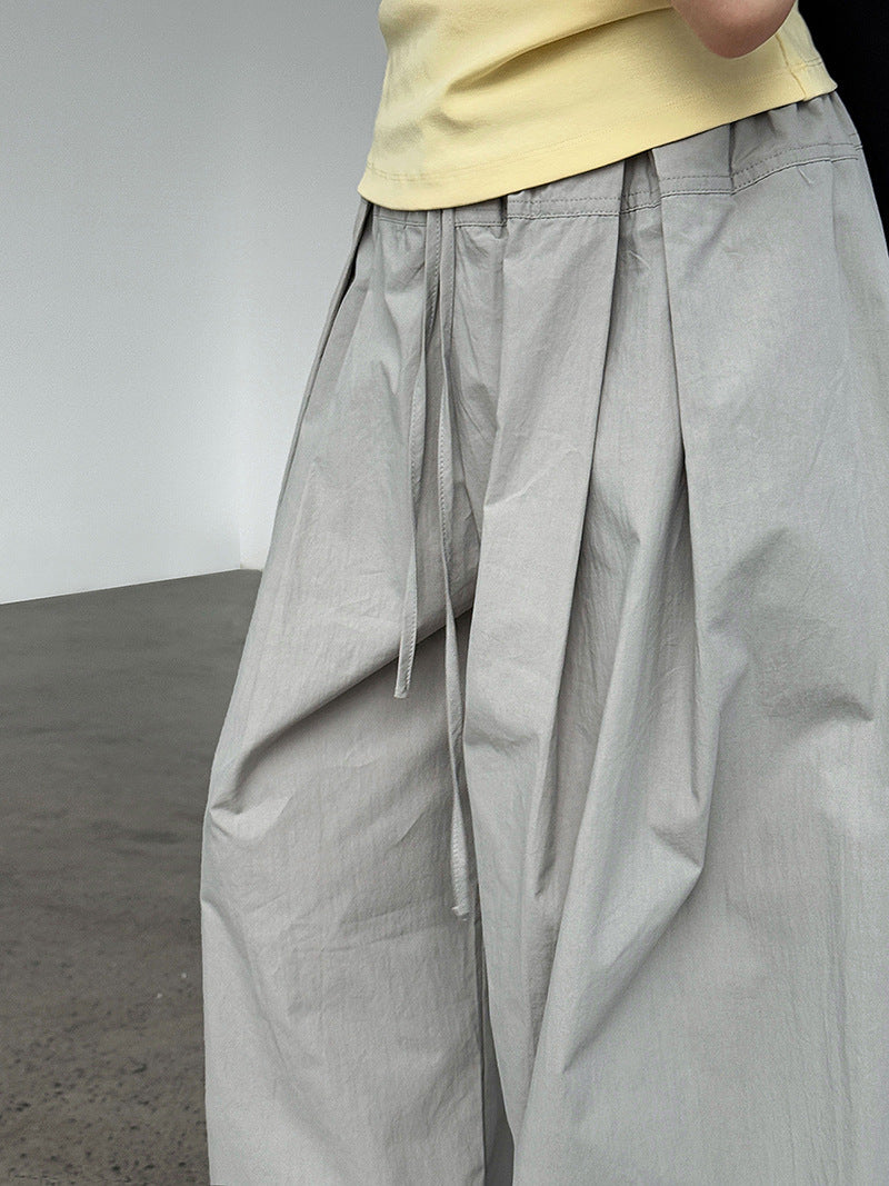 100 cotton high-waisted versatile lace-up straight-leg pants women's new summer thin casual wide-leg trousers