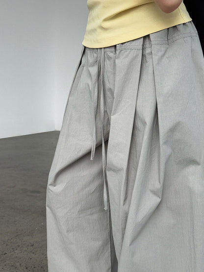 100 cotton high-waisted versatile lace-up straight-leg pants women's new summer thin casual wide-leg trousers