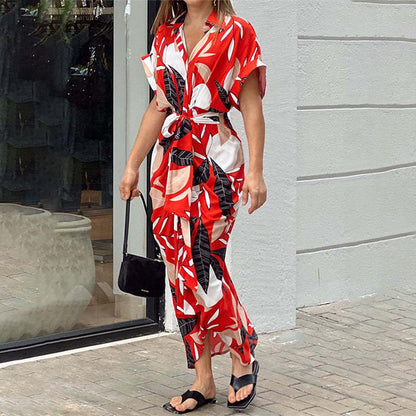 Lapel Collar High-Waist Maxi Dress | Printed & Solid Short Sleeve