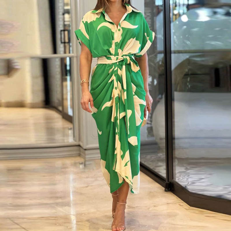 Lapel Collar High-Waist Maxi Dress | Printed & Solid Short Sleeve