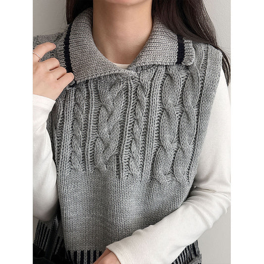 College style contrasting color lapel wool knitted vest women's 26 spring versatile stacked vest top