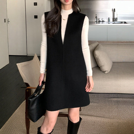Simple commuting 30% wool dress women's deep V-neck woolen vest skirt A-shaped skirt