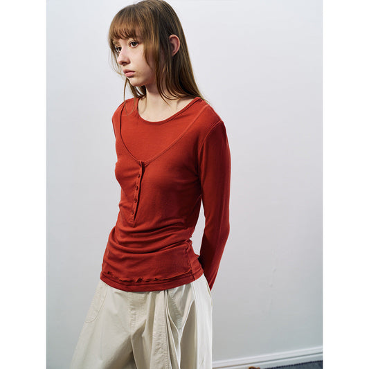 Spring new casual round neck simple basic versatile Tencel wool fake two-piece top