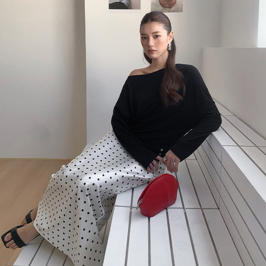 Tencel one-word collar waist long-sleeved knitted sweater spring minimalist style versatile net color T-shirt