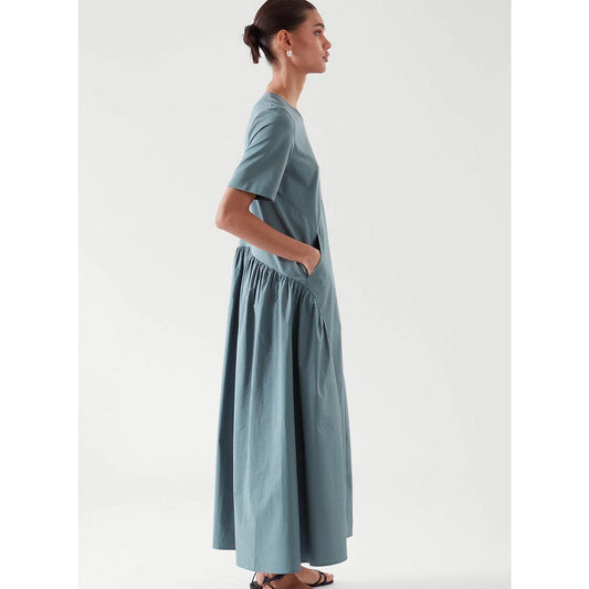 Spring and summer long pleated T-shirt dress gray-blue long dress
