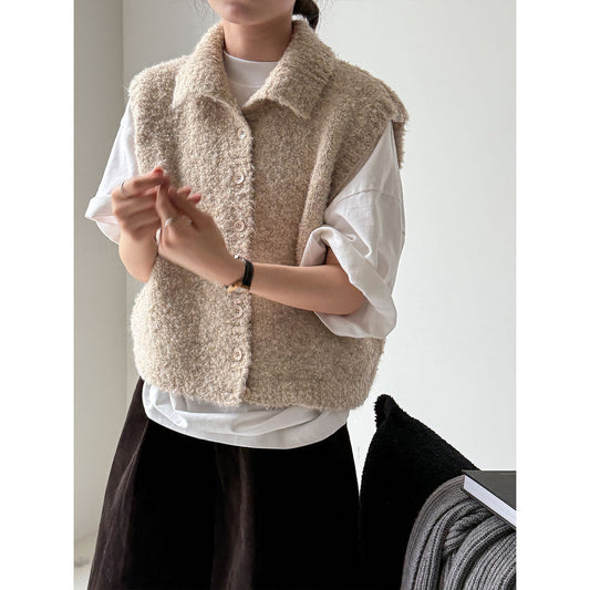 Simple temperament stand-up collar soft waxy wool knitted vest women's autumn new stacked lazy vest