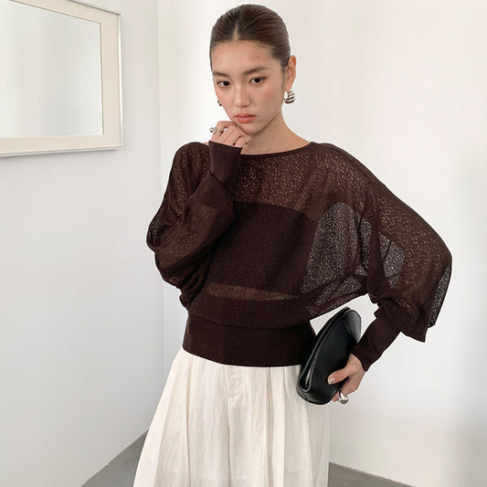 Spring and summer skin care thin one-word neck loose long-sleeved knitted blouse