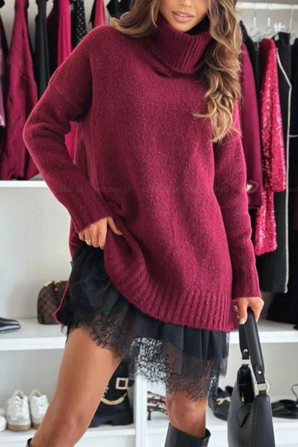 2-Piece Knitted Sweater Dress Set Turtleneck Lace Drop Shoulder Mini Skirt