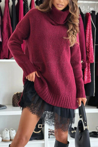 2-Piece Knitted Sweater Dress Set Turtleneck Lace Drop Shoulder Mini Skirt