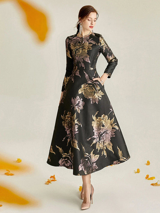Floral Jacquard Long Sleeve Maxi Dress