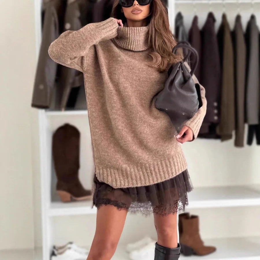 2-Piece Knitted Sweater Dress Set Turtleneck Lace Drop Shoulder Mini Skirt