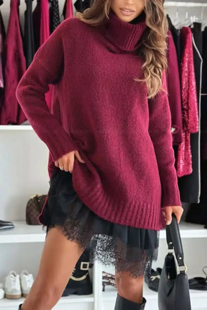 2-Piece Knitted Sweater Dress Set Turtleneck Lace Drop Shoulder Mini Skirt