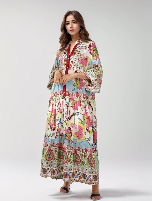 V-Neck Printed Long Dress