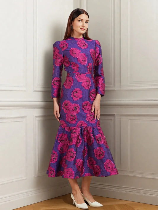 Floral Brocade Long Sleeve Mermaid Dress