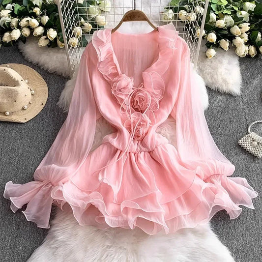 3D Floral Beach Dress Women Long Sleeve Lace Up Ruffle Chiffon Sundress Bohemian